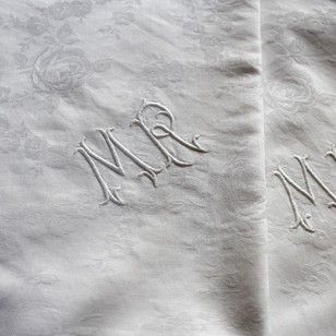 Pair French Monogrammed Damask Linen Pillowcases